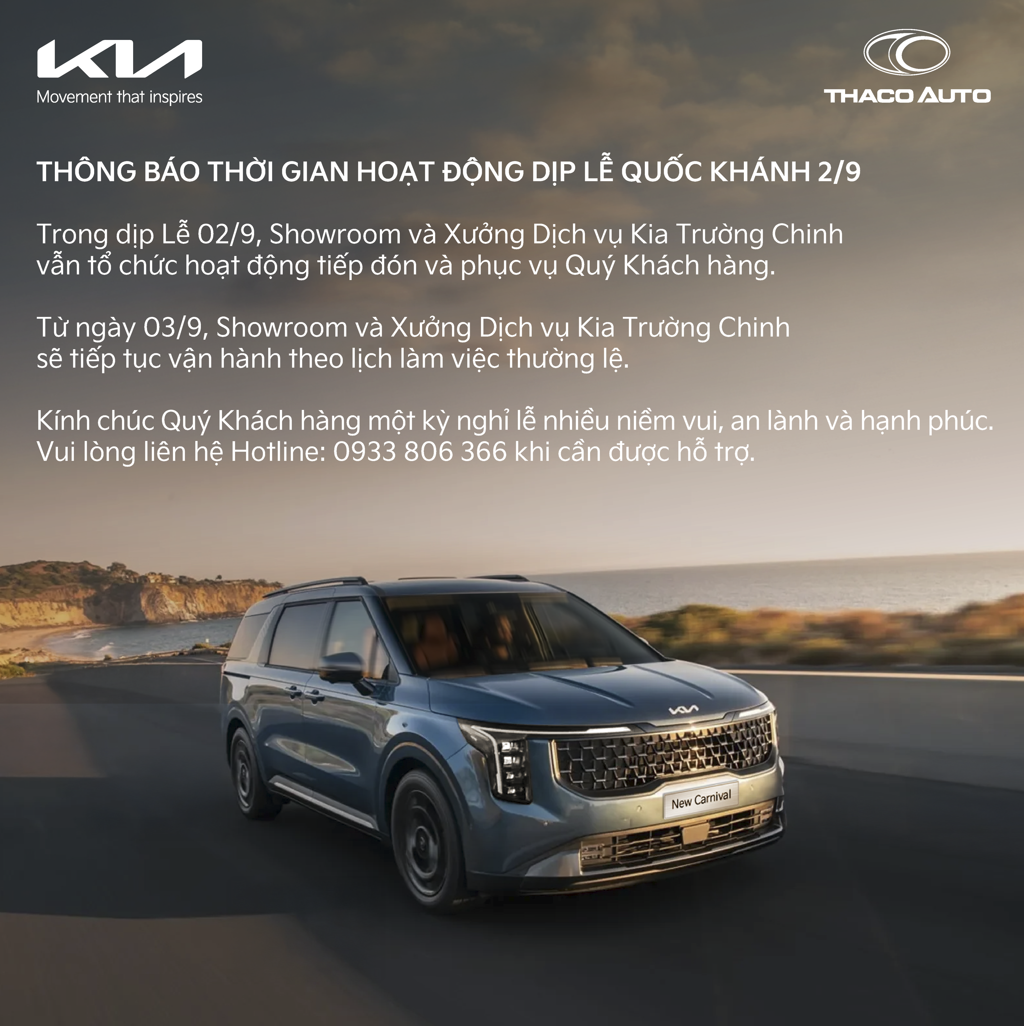 THÔNG BÁO THỜI GIAN HOẠT ĐỘNG DỊP LỄ QUỐC KHÁNH 2/9 KIA TRƯỜNG CHINH
